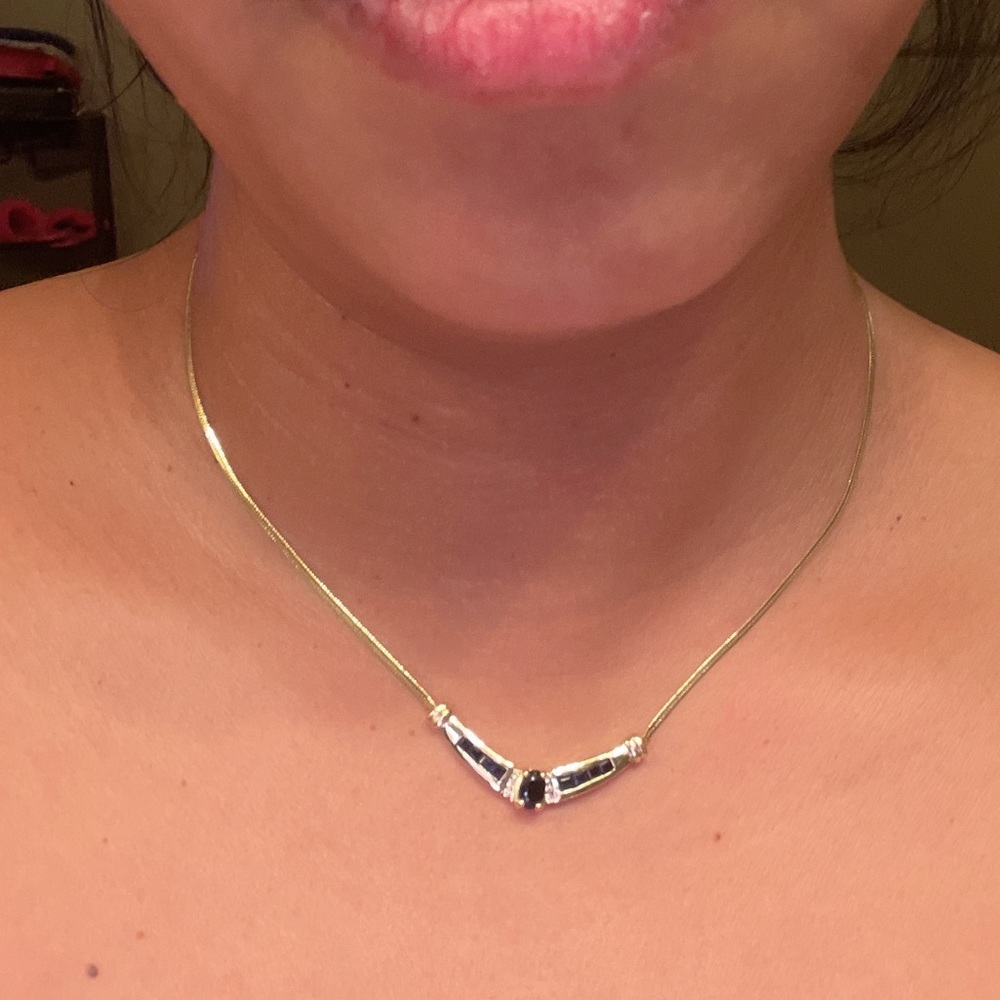 14k solid gold with diamonds and sapphire necklace